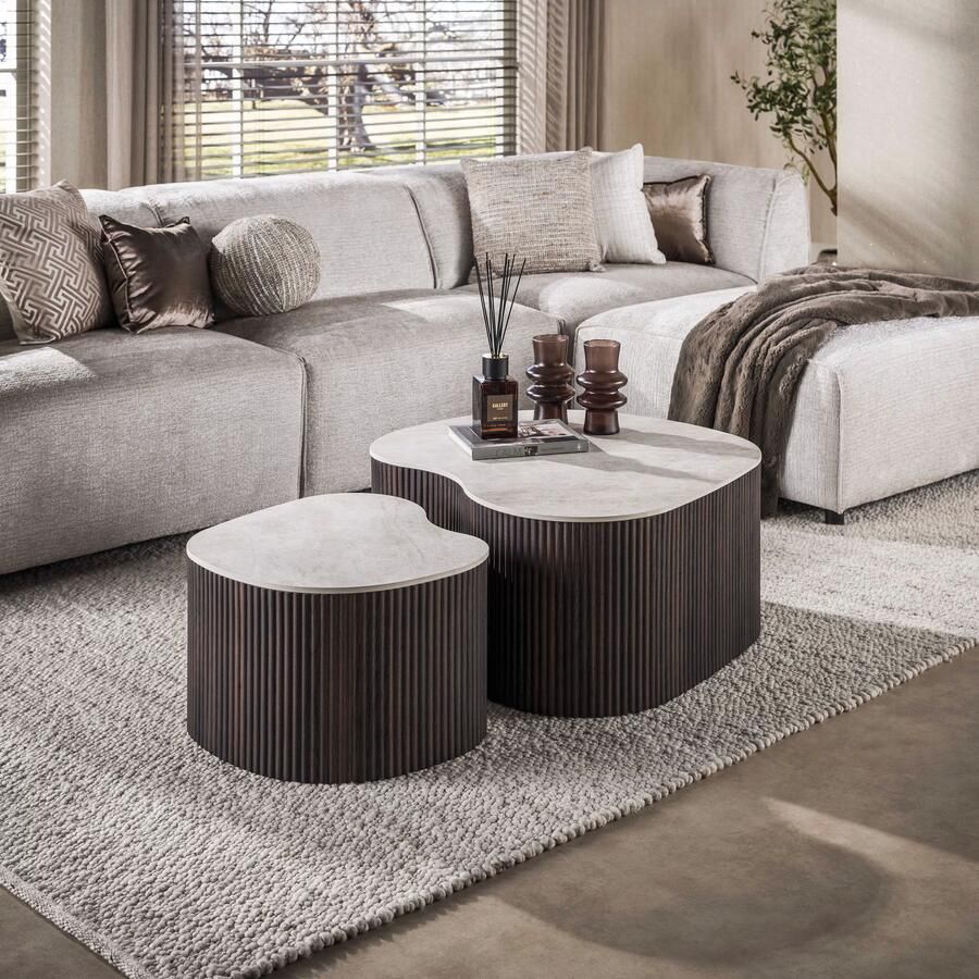 LifestyleFurn Organische Salontafel Akai Keramiek in Taj Mahal-look Set van 2 stuks Bruin