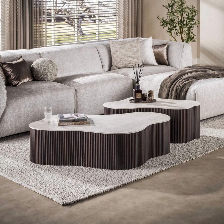 LifestyleFurn Organische Salontafel Akai Keramiek in Taj Mahal-look Set van 2 stuks Bruin