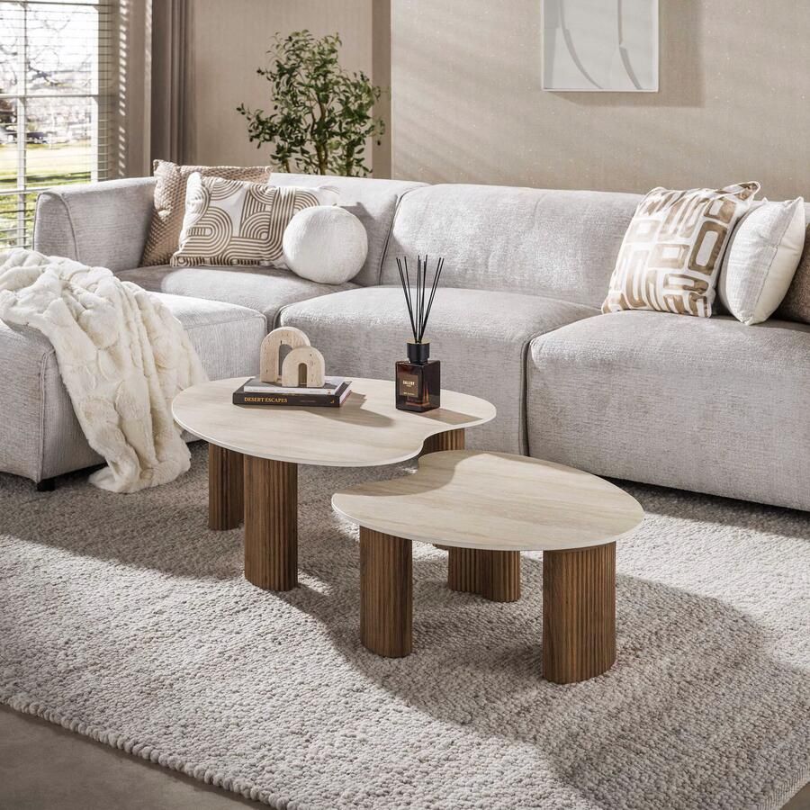 LifestyleFurn Organische Salontafel Akai Keramiek in Travertinlook Set van 2 stuks Bruin