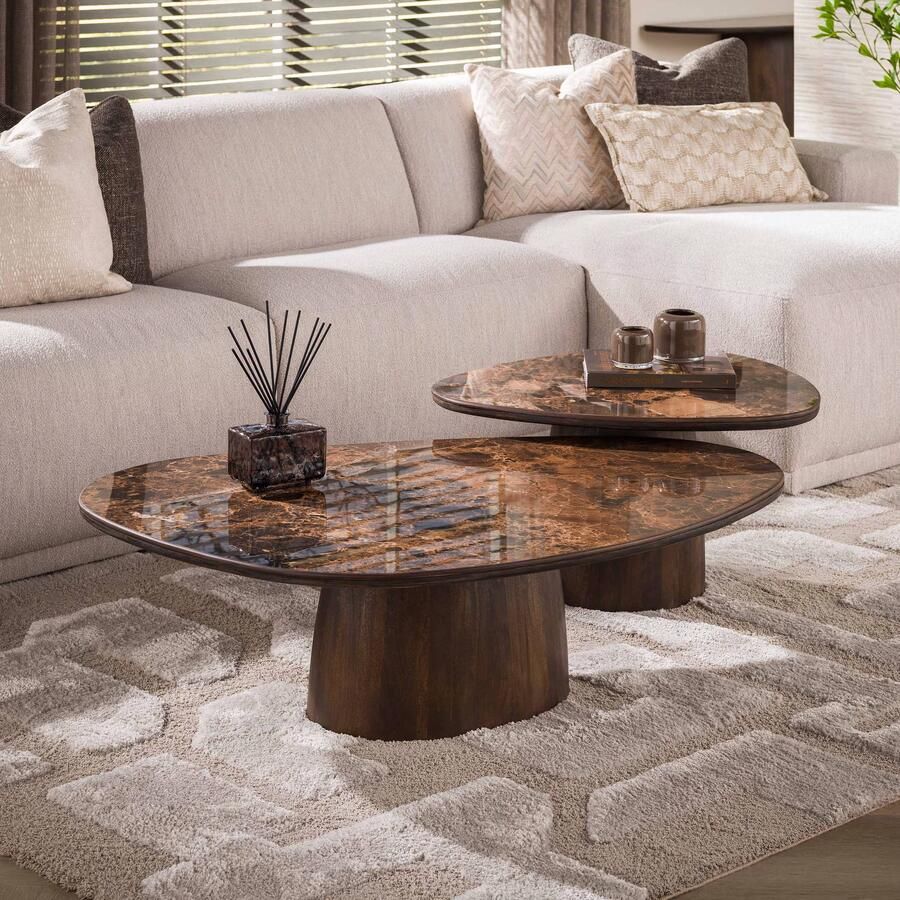 LifestyleFurn Organische Salontafel Elodie Mangohout en marmerlook Set van 2 stuks Bruin