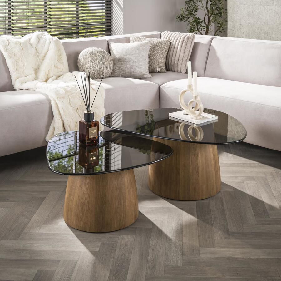 LifestyleFurn Organische Salontafel Kely Driehoek set van 2 stuks Brons glas Bruin