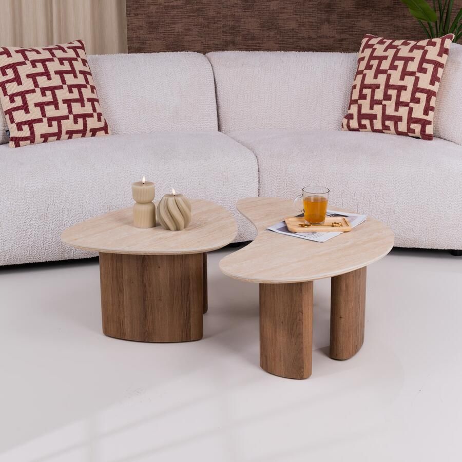 LifestyleFurn Organische Salontafel Laycie Keramiek in Travertin-look Set van 2 stuks Bruin Japandi