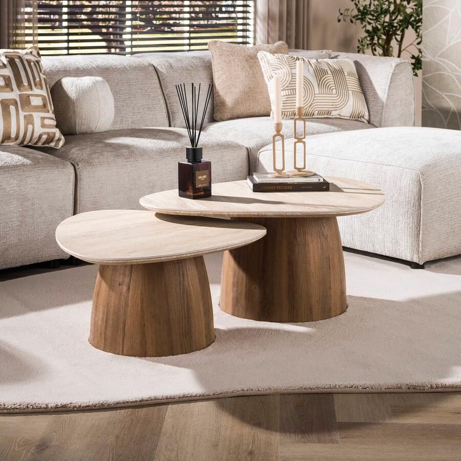 LifestyleFurn Organische Salontafel Laycie Keramiek in Travertinlook Set van 2 stuks Bruin