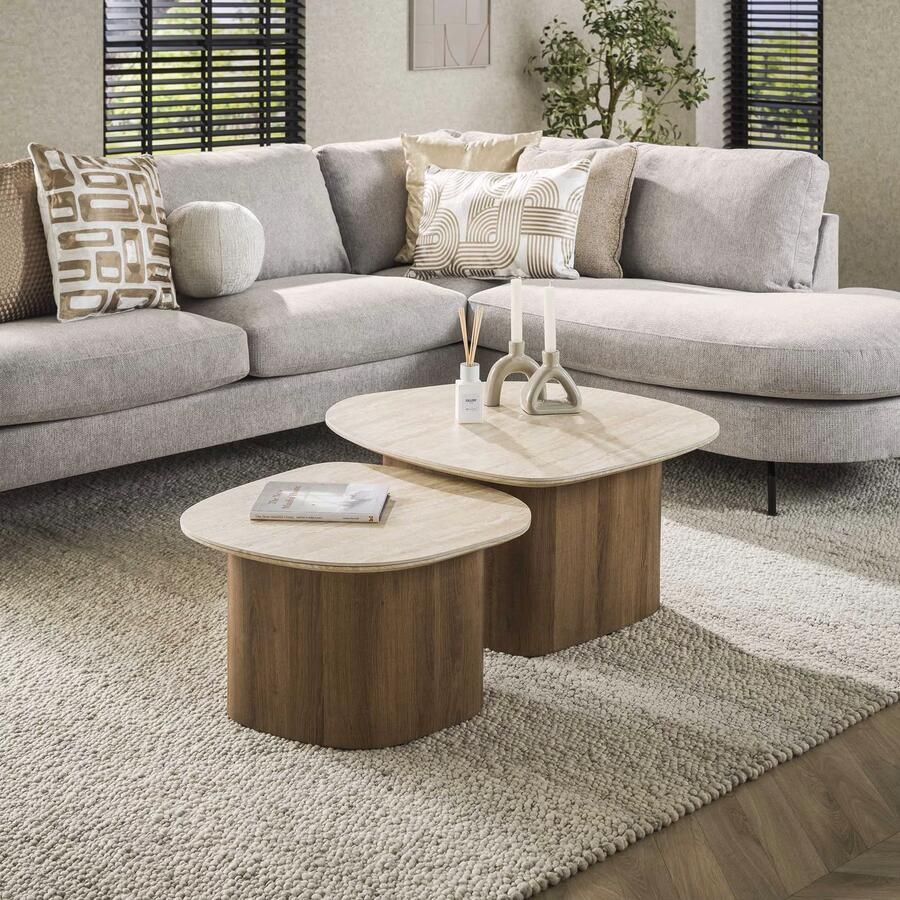 LifestyleFurn Organische Salontafel Laycie Keramiek in Travertinlook Set van 2 stuks Ceramic Travertine