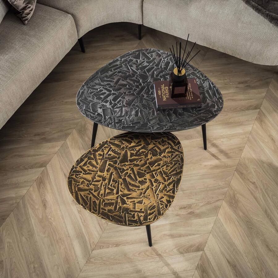 LifestyleFurn Organische Salontafel Renée Driehoekig Set van 2 stuks Brons- Zilver antiek