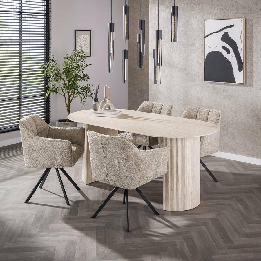 LifestyleFurn Ovale Eettafel Ciarra Keramiek in Travertin-look 180 x 90cm Beige Ovaal Japandi
