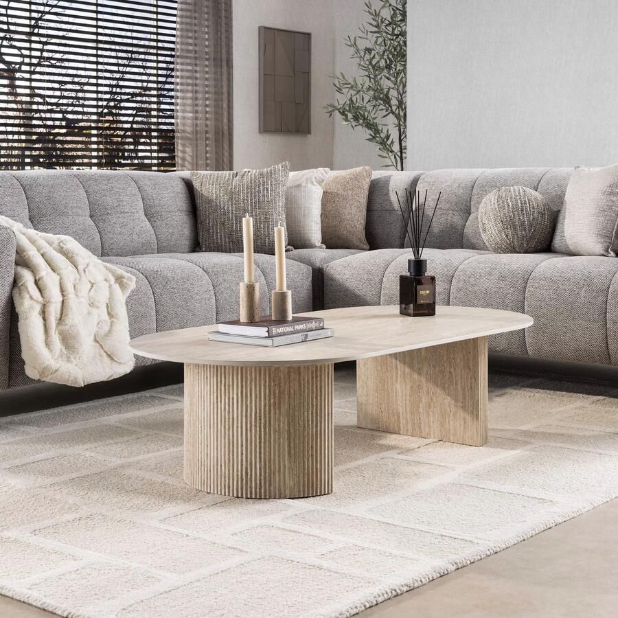 LifestyleFurn Ovale Salontafel Laycie Keramiek in Travertin-look 135 x 70cm Beige