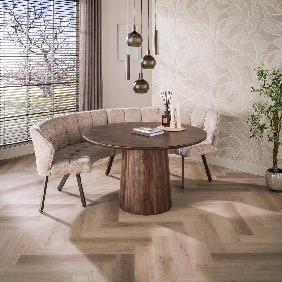 LifestyleFurn Ronde Eetkamerbank Thandie 2-delig Hoven stof Zand Bruin