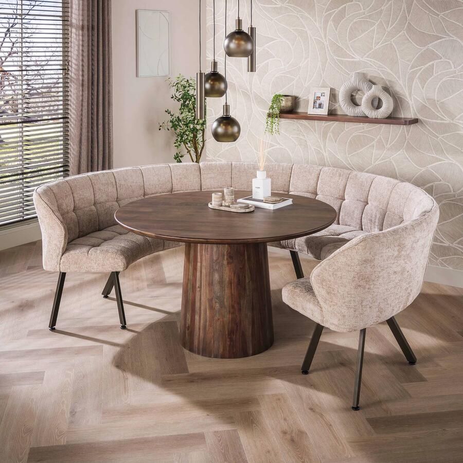 LifestyleFurn Ronde Eetkamerbank Thandie 3-delig Hoven stof Zand Bruin