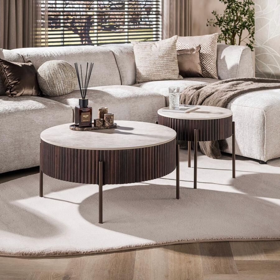 LifestyleFurn Ronde Salontafel Akai Keramiek in Taj Mahal-look Set van 2 stuks Bruin