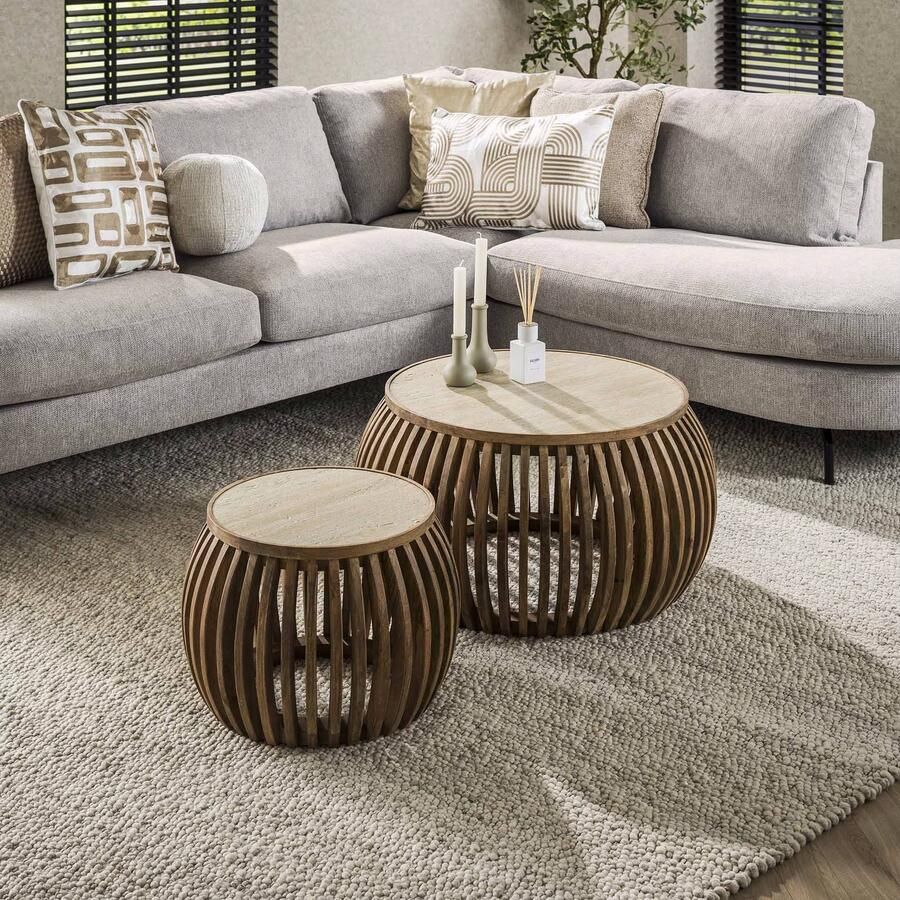 LifestyleFurn Ronde Salontafel Beckie Mangohout en travertinlook Set van 2 stuks Massief mango zandkleur