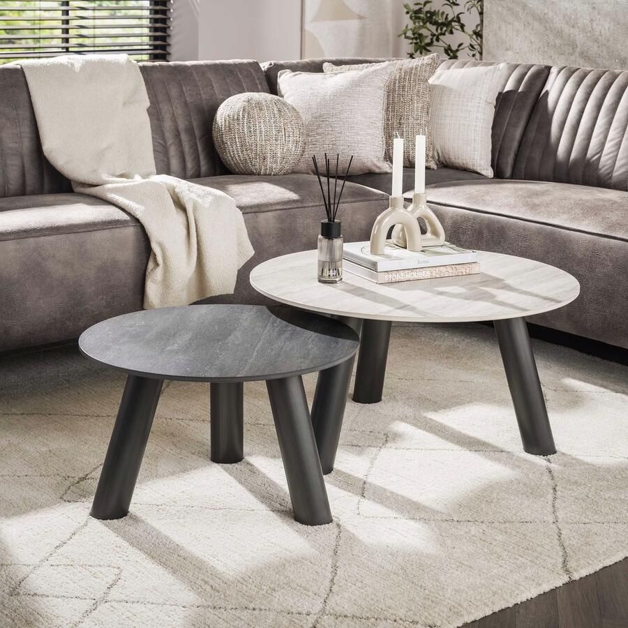 LifestyleFurn Ronde Salontafel Dallen Keramiek met travertinlook Set van 2 stuks Grijs