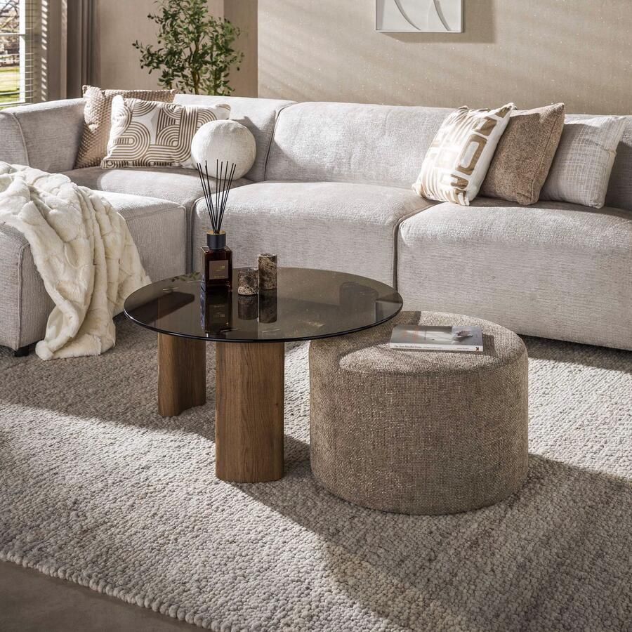 LifestyleFurn Ronde Salontafel Kely Brons glas en chenille poef Bruin