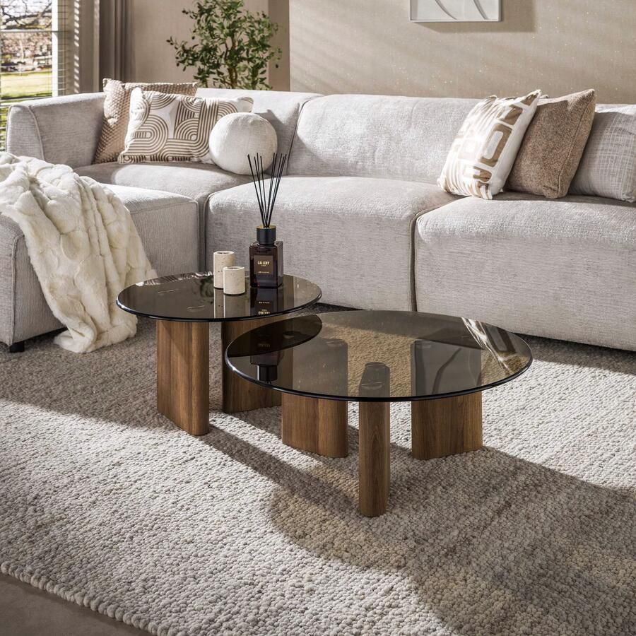 LifestyleFurn Ronde Salontafel Kely Brons glas Set van 2 stuks Bruin