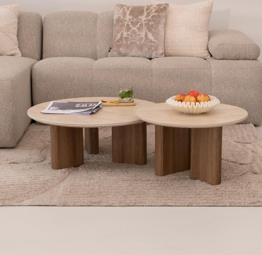 LifestyleFurn Ronde Salontafel Laycie Keramiek in Travertin-look Set van 2 stuks Bruin Japandi