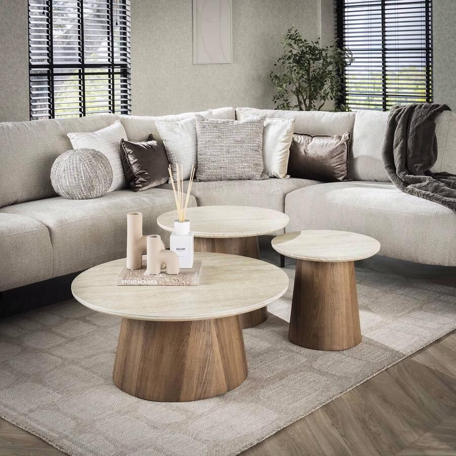 LifestyleFurn Ronde Salontafel Laycie Keramiek in Travertin-look Set van 3 stuks Bruin Japandi