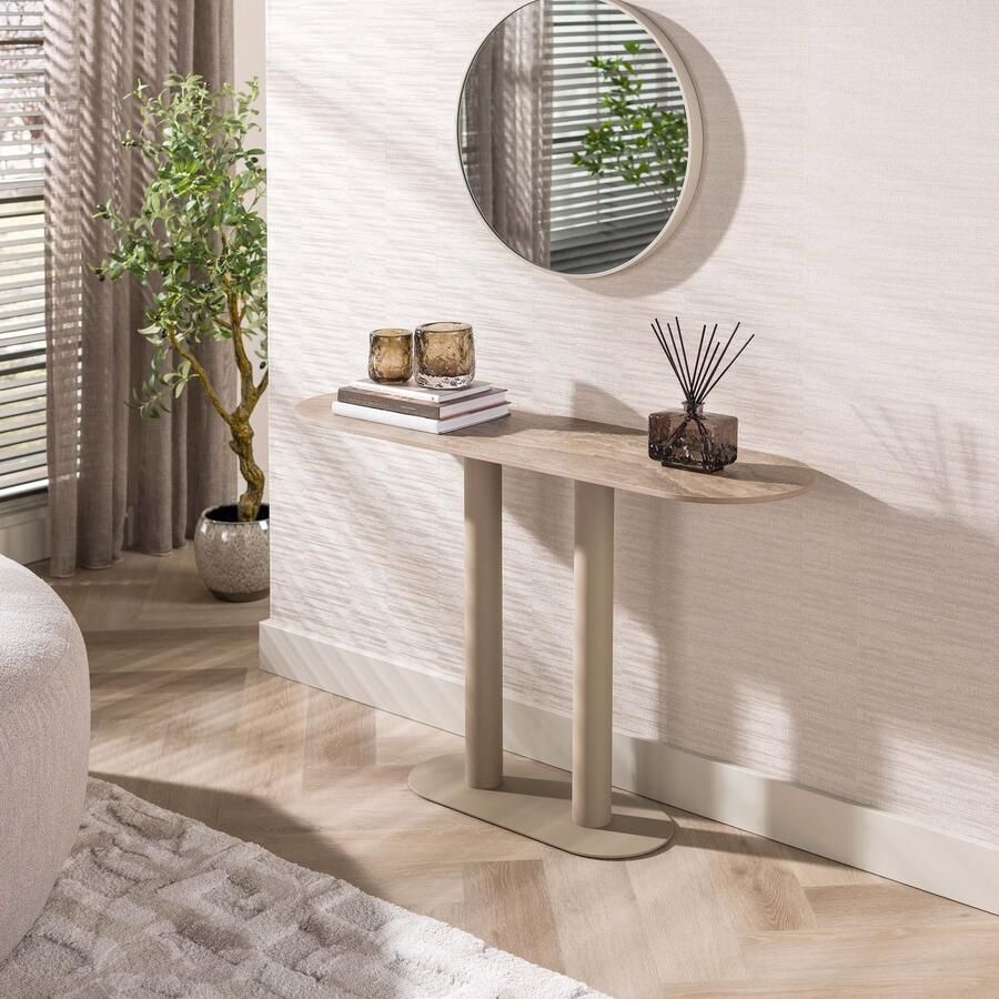 LifestyleFurn Sidetable Atif Keramiek in travertinlook 120cm Beige Ovaal