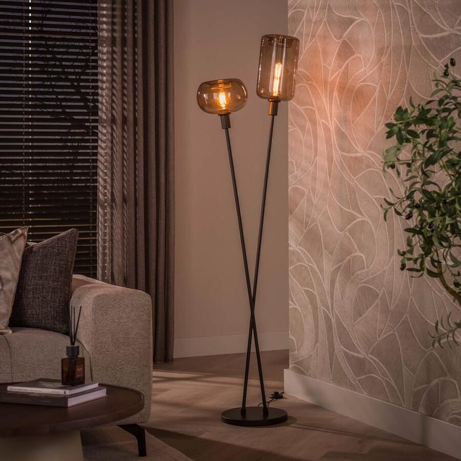 LifestyleFurn Vloerlamp Faiga Glas en bruin metaal 2-lamps