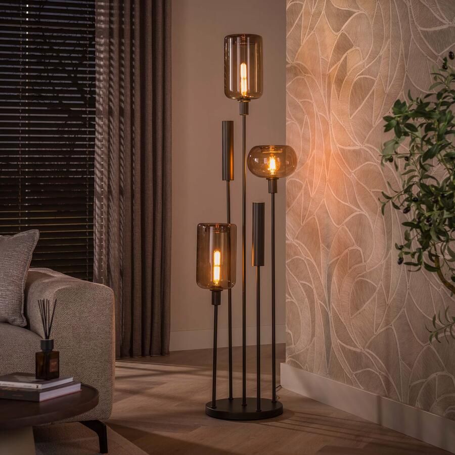 LifestyleFurn Vloerlamp Faiga Glas en bruin metaal 2+3-lamps