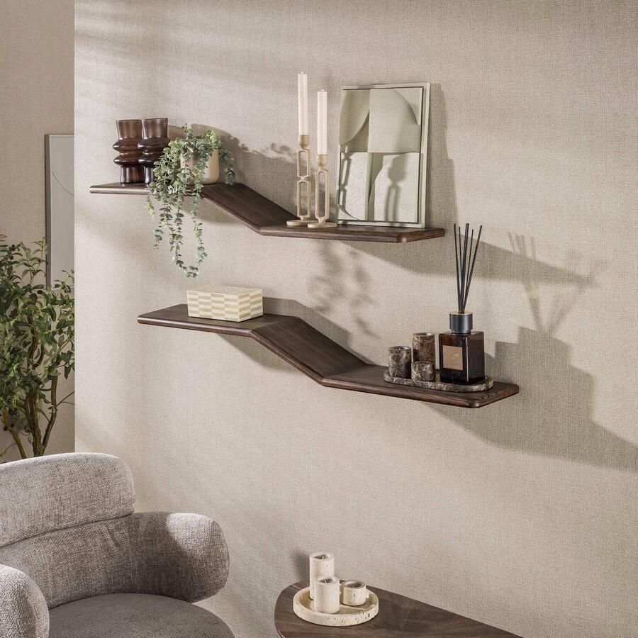 LifestyleFurn Wandplank Sadaf Teakhout Set van 2 stuks Bruin