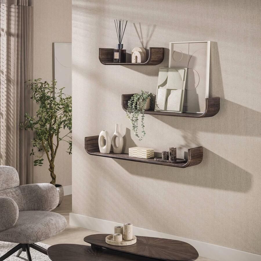 LifestyleFurn Wandplank Sadaf Teakhout Set van 3 stuks Bruin