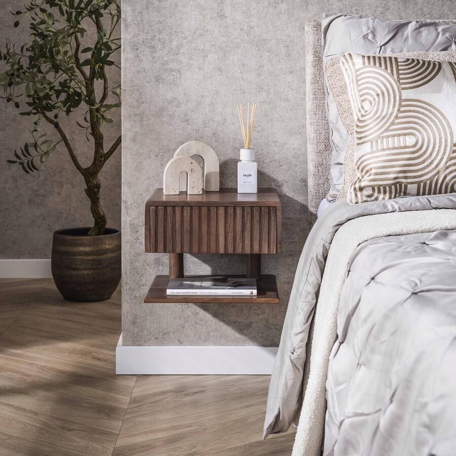 LifestyleFurn Zwevend Nachtkastje Alania Met 1 lade en legplank Acaciahout Massief acacia bruin