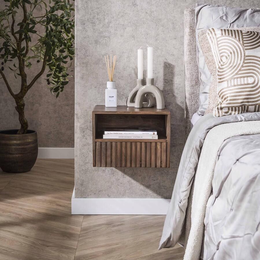 LifestyleFurn Zwevend Nachtkastje Alania Met 1 lade en open vak Acaciahout Massief acacia bruin