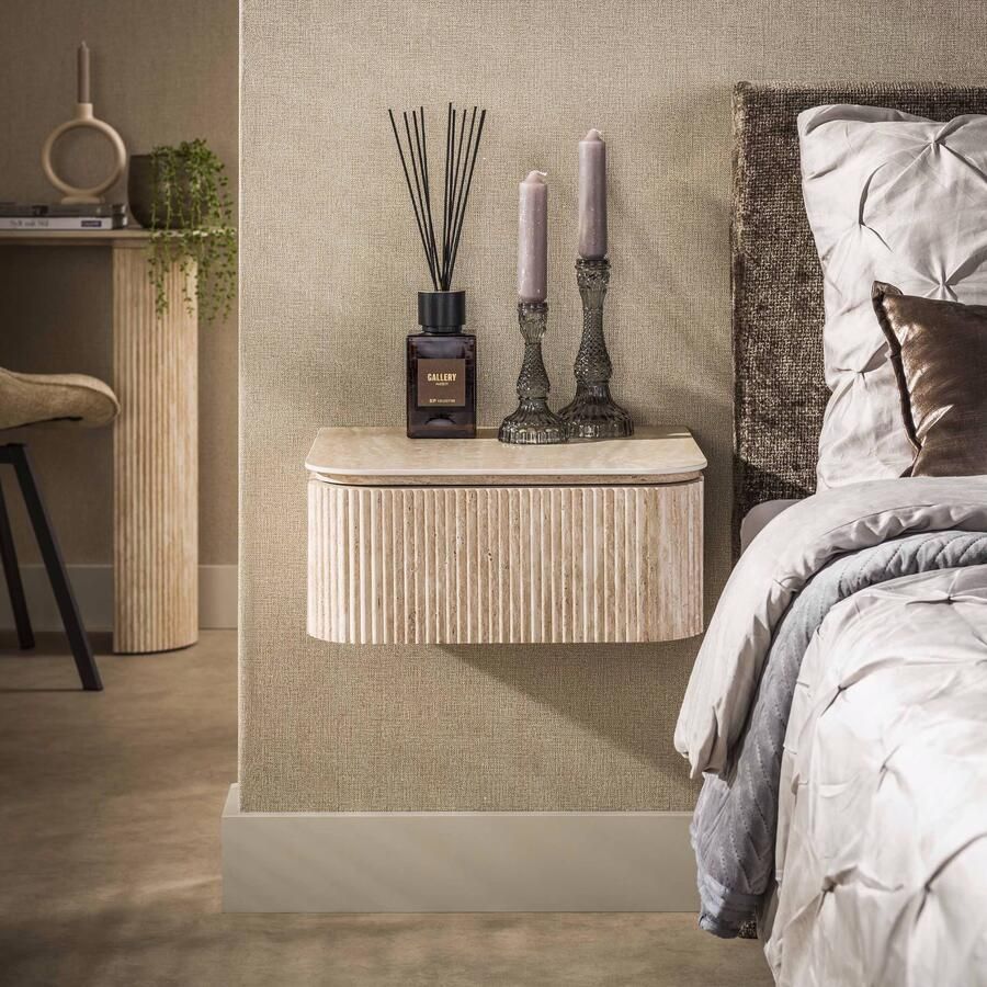 LifestyleFurn Zwevend Nachtkastje Laycie Keramiek in Travertin-look Met 1 lade Beige