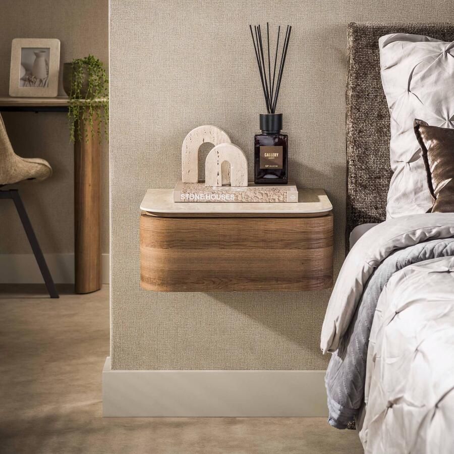 LifestyleFurn Zwevend Nachtkastje Nikka Eikenlook en travertinlook Met 1 lade Bruin