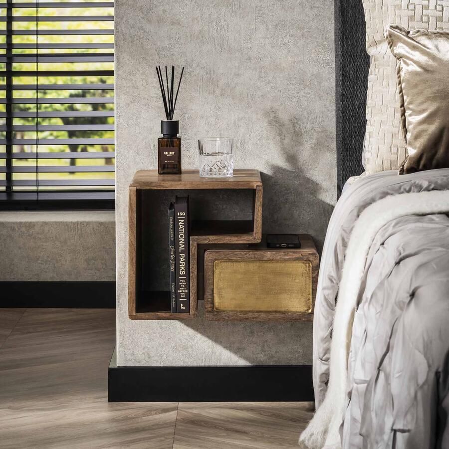 LifestyleFurn Zwevend Nachtkastje Renée Mangohout en brass Set van 2 stuks Massief mango zwart