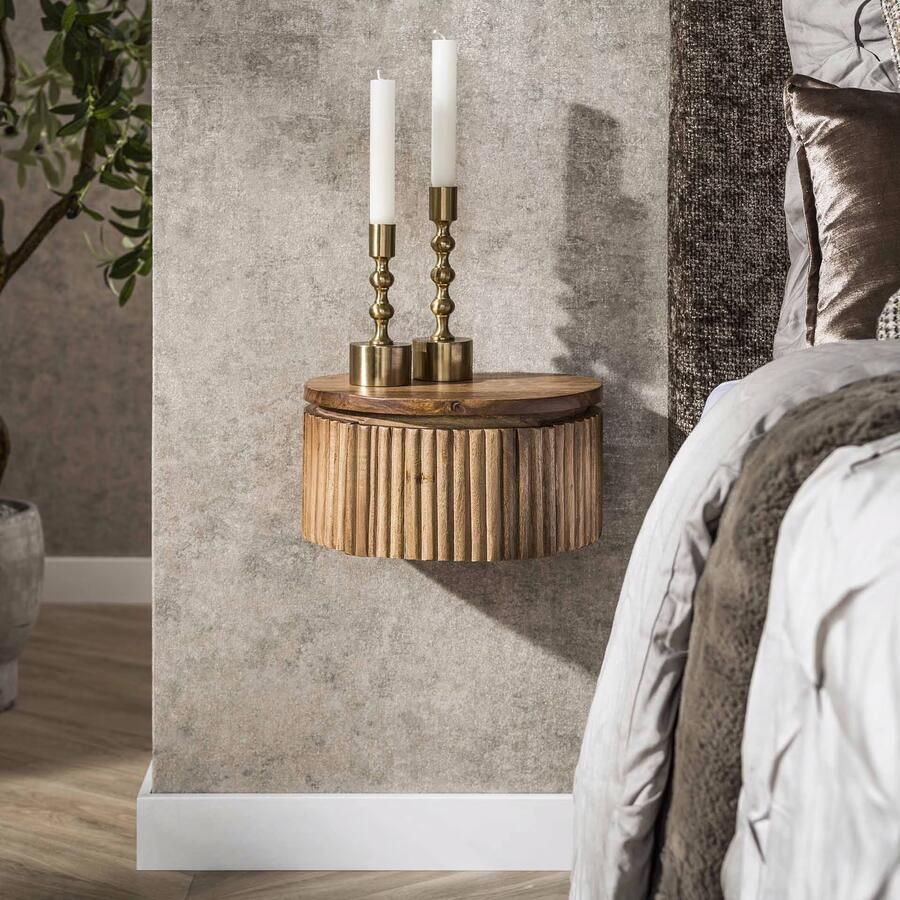 LifestyleFurn Zwevend Rond Nachtkastje Sharmila XS Mangohout Met 1 lade Massief mango zandkleur