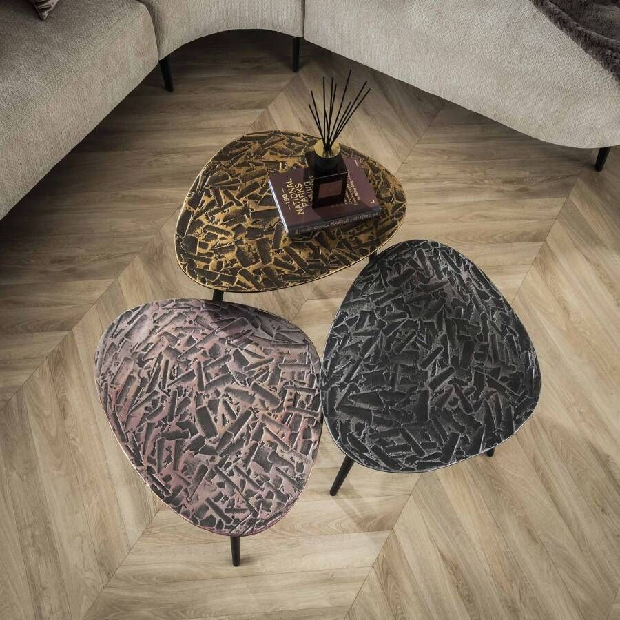 LifestyleFurn Organische Salontafel Renée Driehoekig Set van 3 stuks Koper- Brons- Zilver antiek