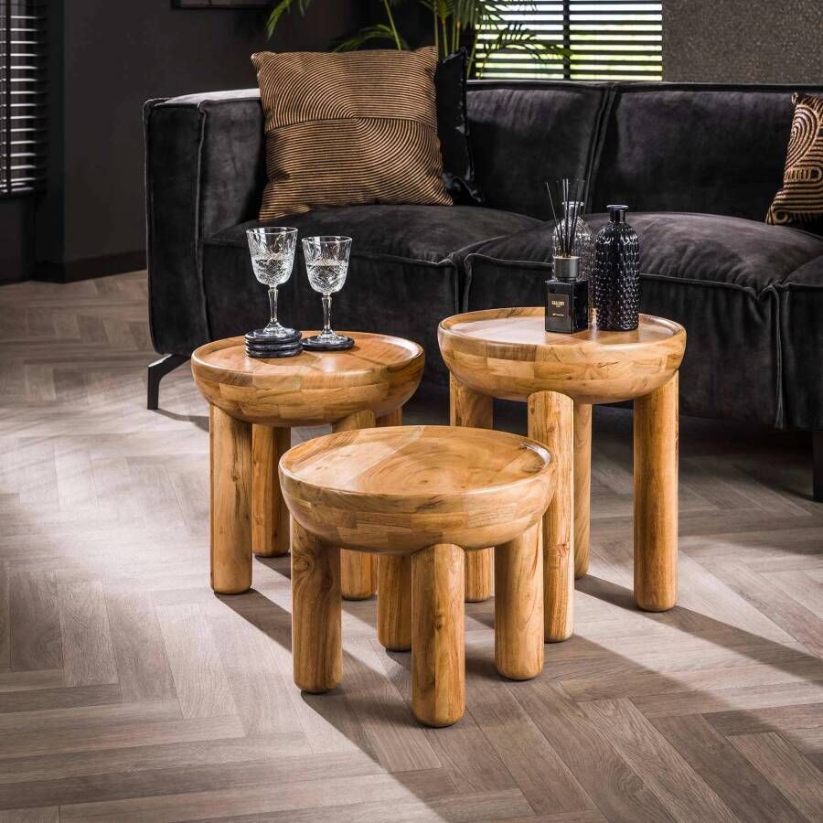 LifestyleFurn Ronde Salontafel Arnetra Set van 3 stuks Acaciahout Massief acacia naturel