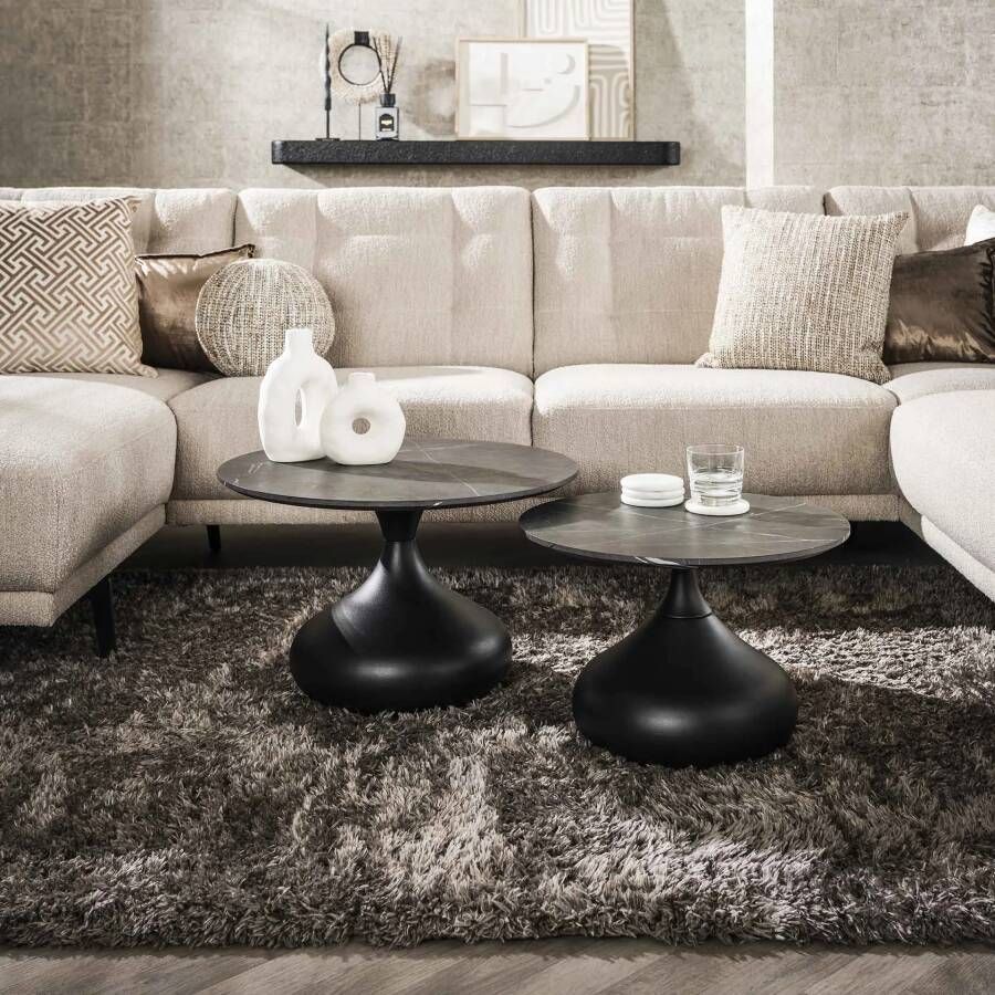 LifestyleFurn Ronde Salontafel Bong Keramieklook Set van 2 stuk 3D zwart bruin