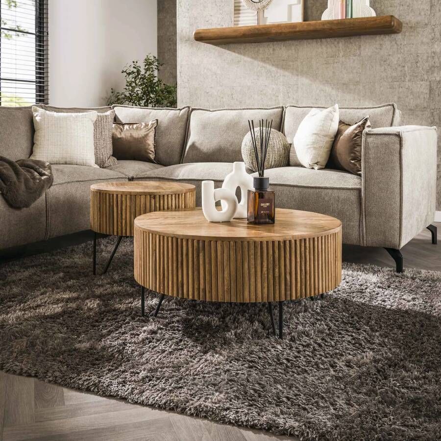 LifestyleFurn Ronde Salontafel Gus Mangohout Set van 2 stuks Massief mango zandkleur