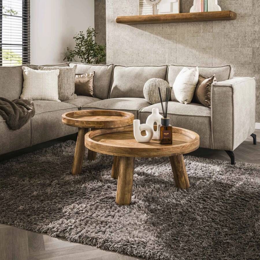 LifestyleFurn Ronde Salontafel Kanda Mangohout Set van 2 stuks Massief mango zandkleur