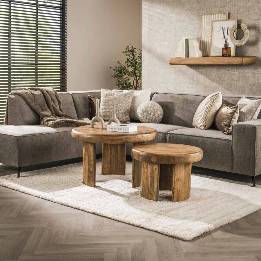 LifestyleFurn Salontafel Manoah Mangohout Set van 2 stuks Massief mango zandkleur Rond