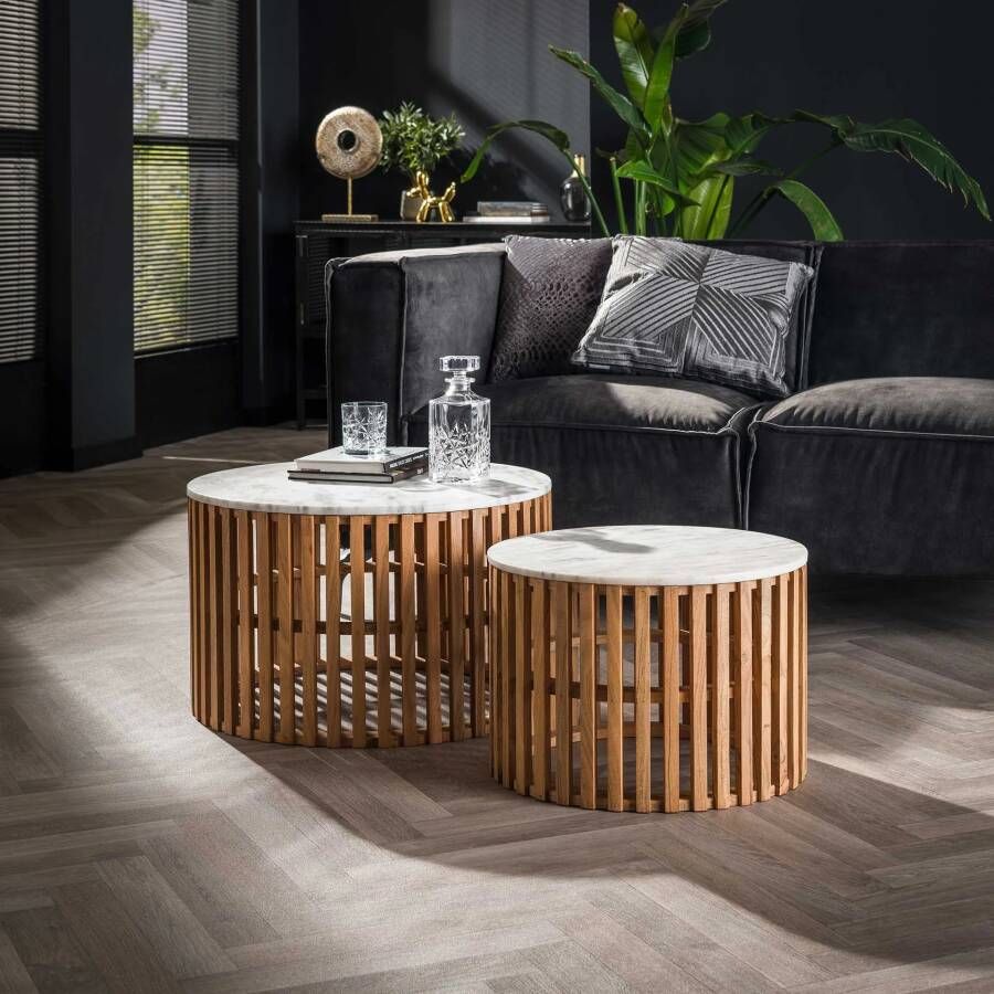 LifestyleFurn Salontafel Pervis Set van 2 stuks Marmer en mangohout Wit marmer Rond