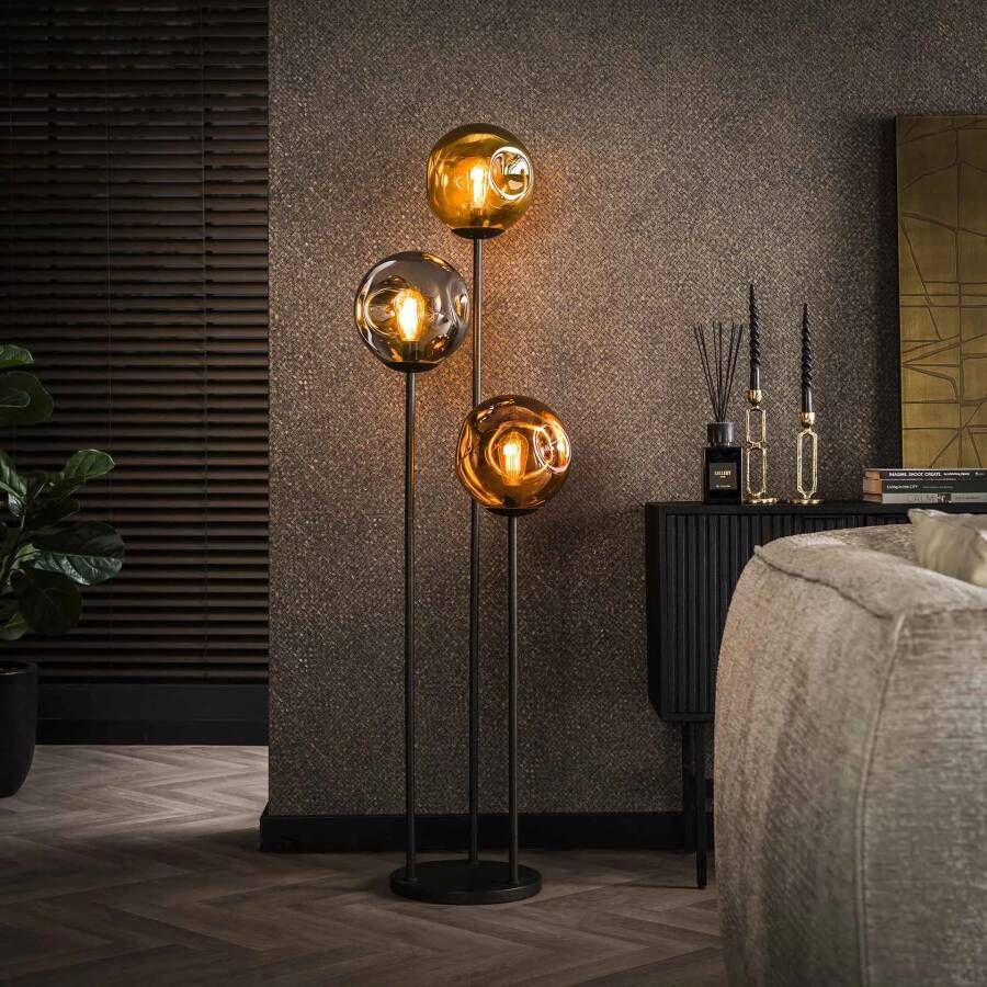 LifestyleFurn Vloerlamp Shahid Glas 3-lamps Artic zwart