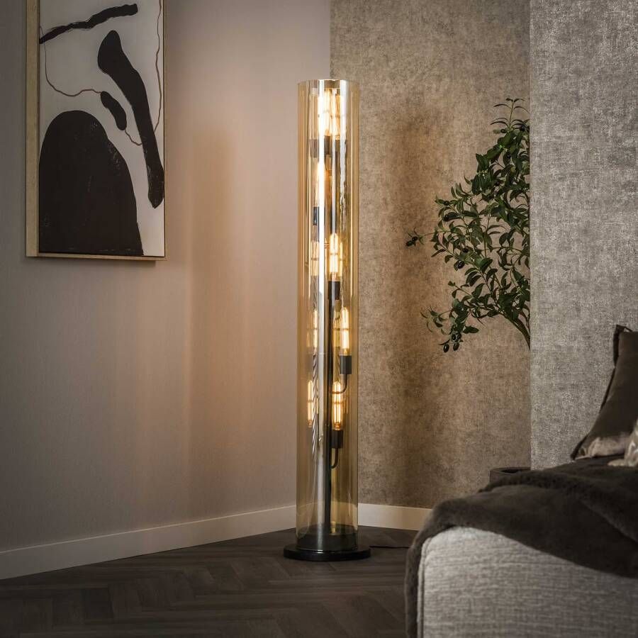 LifestyleFurn Vloerlamp Wessley Amber glas en Artic black 5-lamps Artic zwart