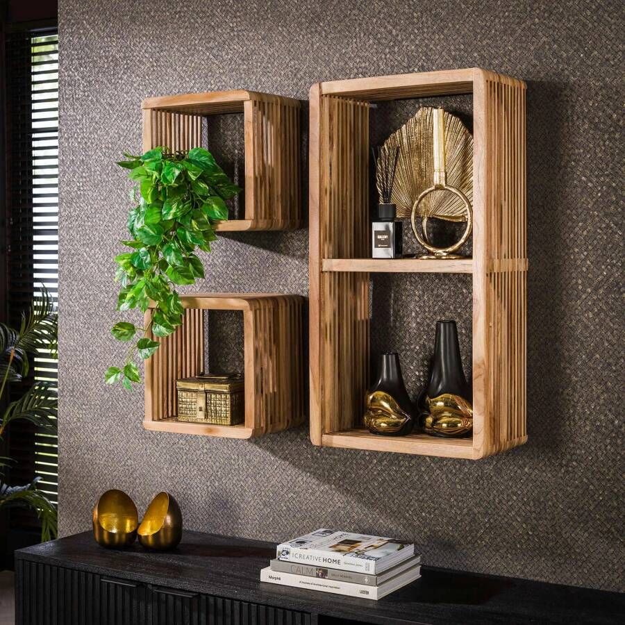 LifestyleFurn Wandplank Portia Teakhout Set van 3 stuks Teakhout verweerd