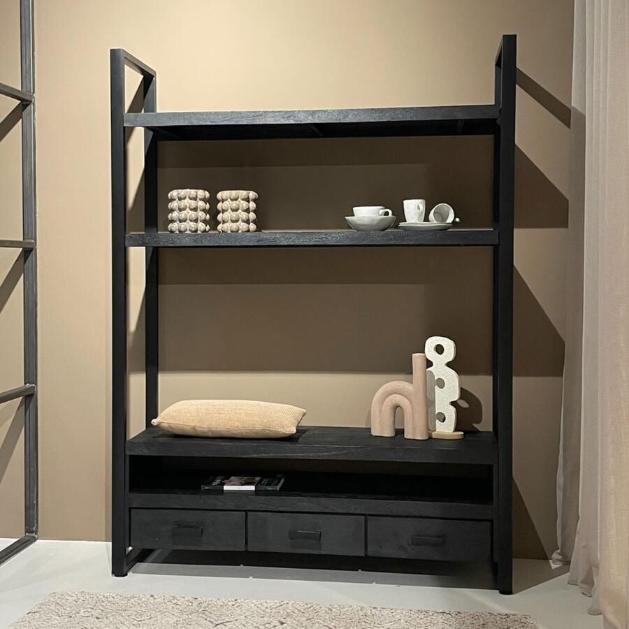 Livingfurn Hoog TV-meubel Norris Mangohout en staal 150 cm Zwart
