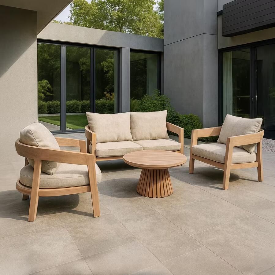 Livingfurn Loungeset Bilbao Teakhout Met bank 2 stoelen en tafeltje Naturel