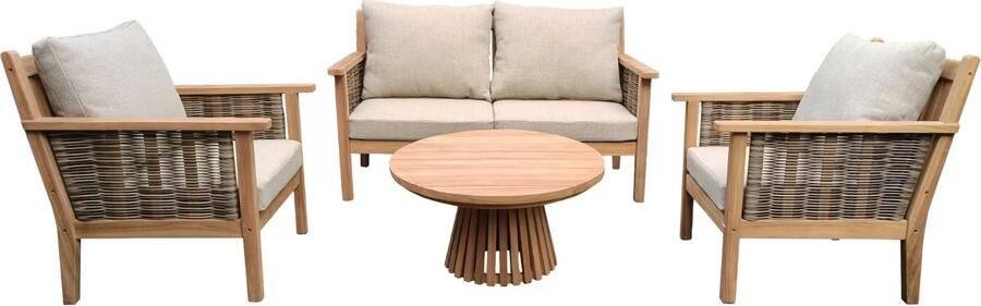 Livingfurn Loungeset Malaga Teakhout Met bank 2 stoelen en tafeltje Naturel