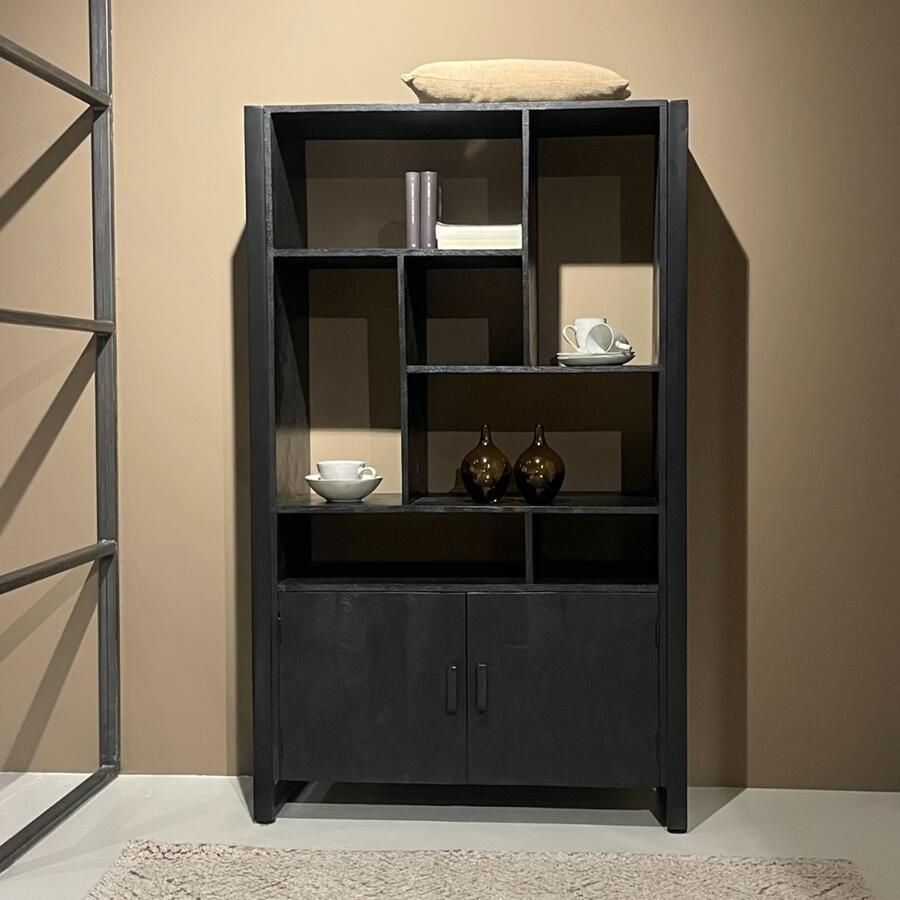 Livingfurn Wandkast Norris Mangohout en staal 180 x 110cm Zwart