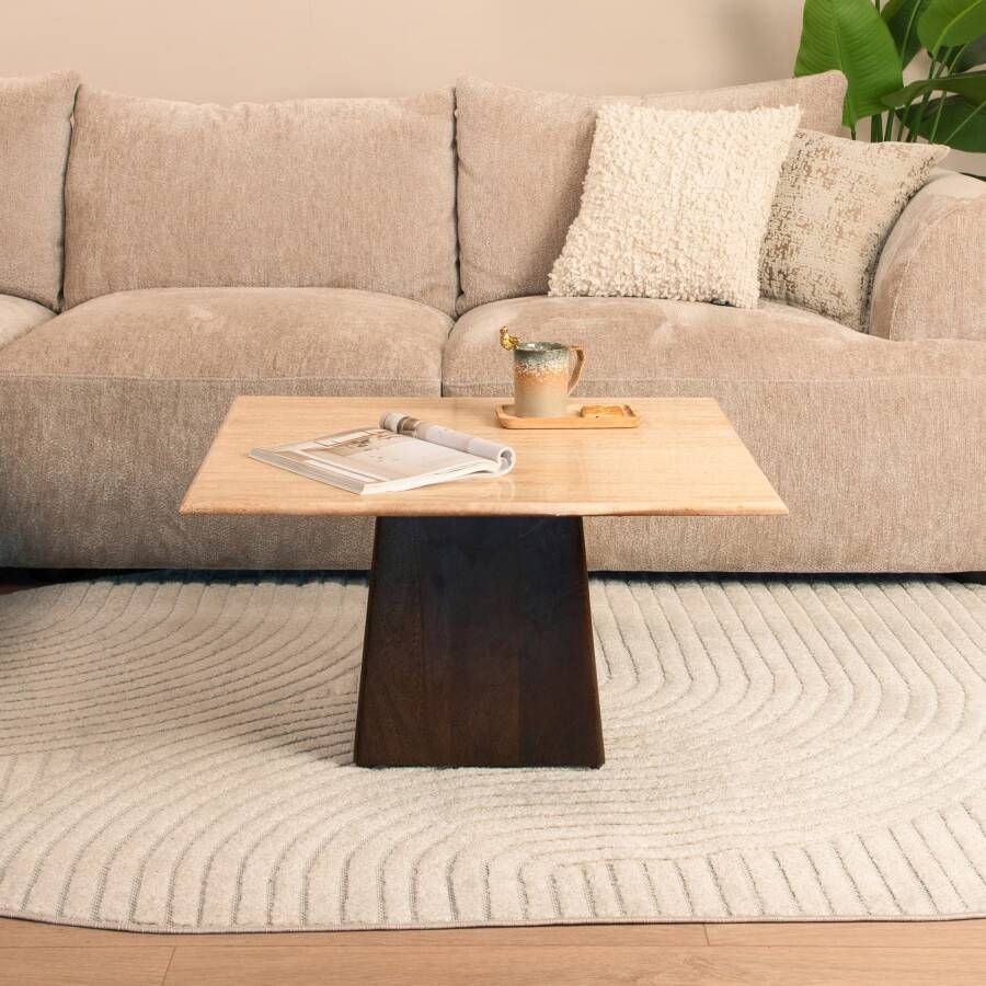 Livingfurn Salontafel Valentino Mangohout en Travertin 75 x 75cm Bruin Vierkant Japandi