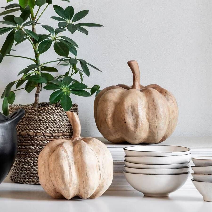 MUST Living Decoratie Pumpinks Teakhout Set van 2 stuks Naturel