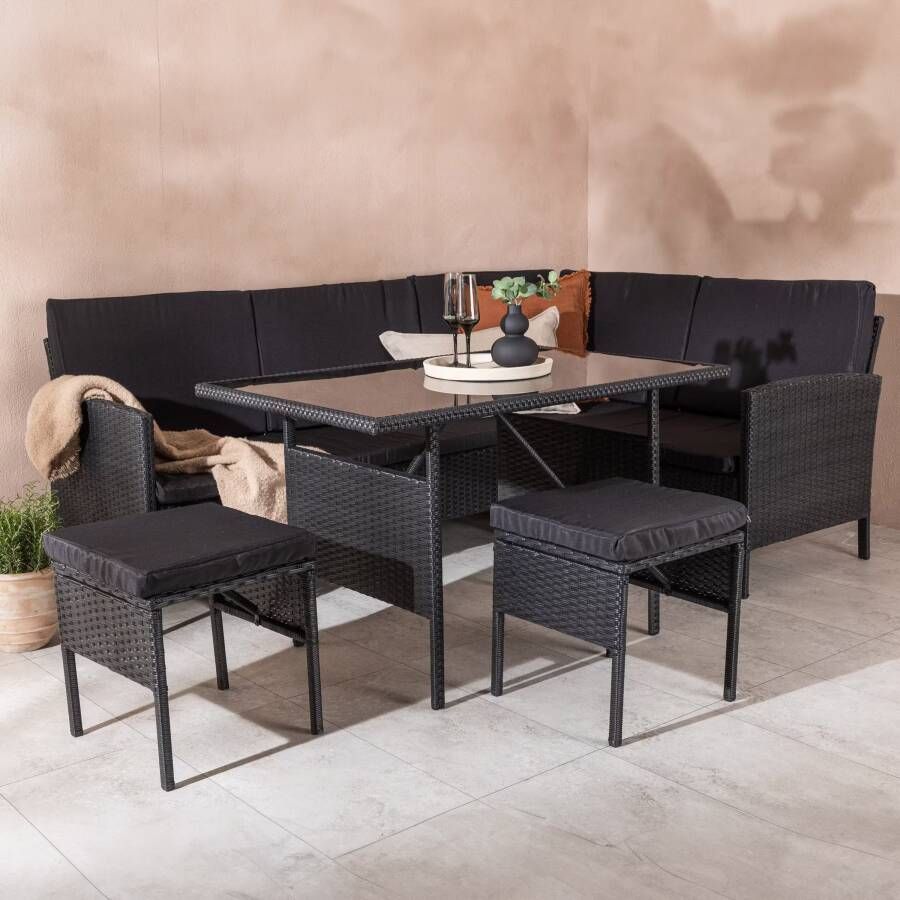 Nohr Hoek Loungeset Zeena Met hoekbank tafel en 2 krukken Zwart