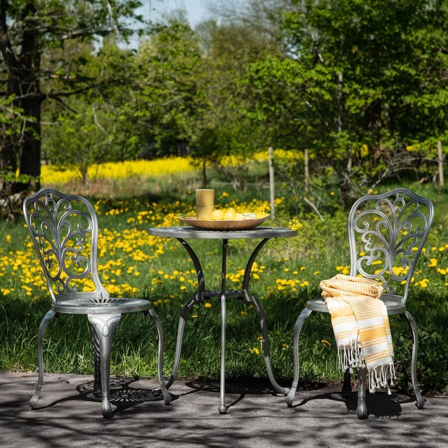 Hioshop Nandin tuinmeubelset tafel 2 stoelen zilverkleurig