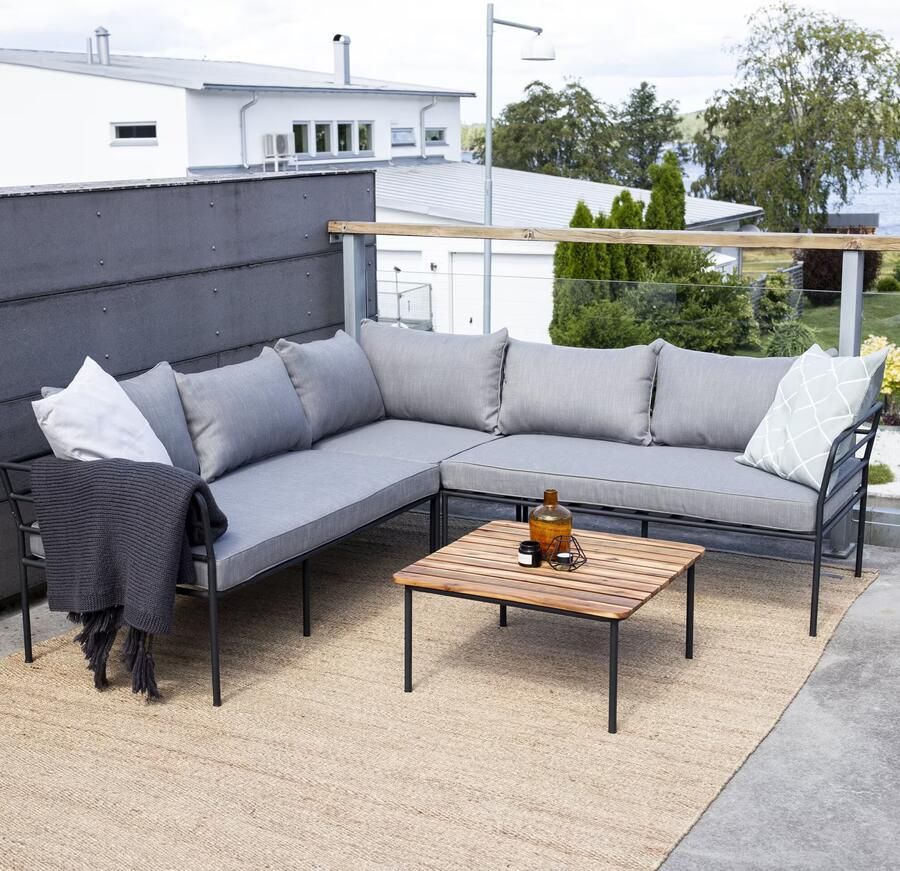 Nohr Loungeset Lakysha Acaciahout Met hoekbank en tafel Zwart